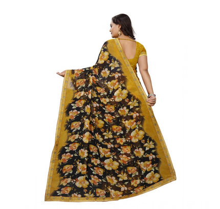 Women's Georgette Floral Print Saree With Unstitched Blouse 5.5Mtr (Black-Mustard)