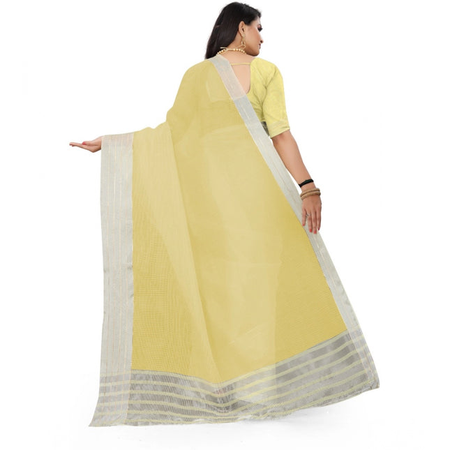 Women's Cotton Jute Self Design Saree With Unstitched Blouse 5.5Mtr (Yellow)