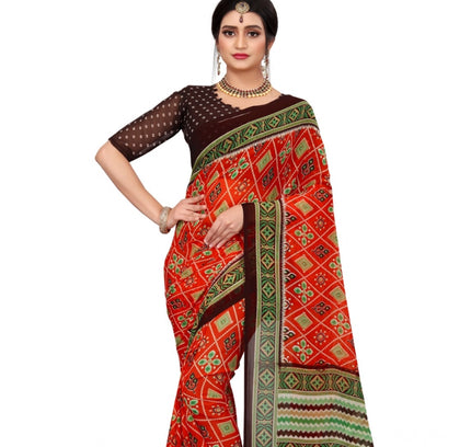 Women's Georgette Floral Print Saree With Unstitched Blouse 5.5Mtr (Red)