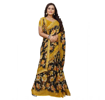 Women's Georgette Floral Print Saree With Unstitched Blouse 5.5Mtr (Black-Mustard)