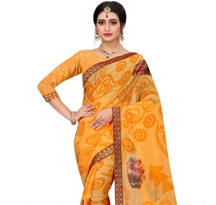 Women's Georgette Floral Print Saree With Unstitched Blouse 5.5Mtr (Mustard)