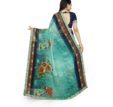 Women's Georgette Floral Print Saree With Unstitched Blouse 5.5Mtr (Light Blue)