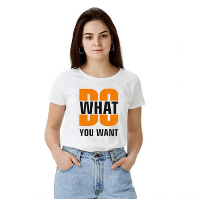 Women's Polyester Solid Printed Round Neck Half Sleeve T-shirt (White)