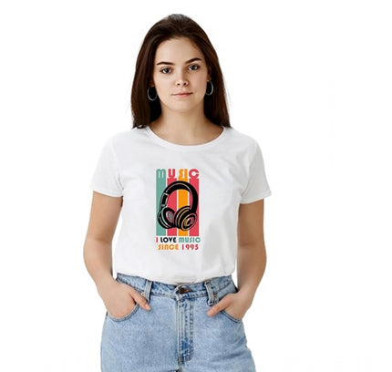 Women's Polyester Solid Printed Round Neck Half Sleeve T-shirt (White)