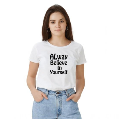 Women's Polyester Solid Printed Round Neck Half Sleeve T-shirt (White)