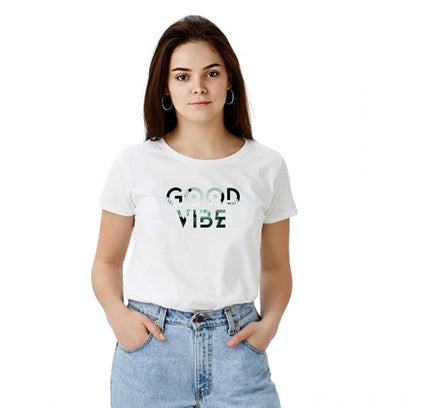 Women's Polyester Solid Printed Round Neck Half Sleeve T-shirt (White)