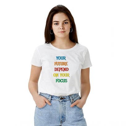 Women's Polyester Solid Printed Round Neck Half Sleeve T-shirt (White)