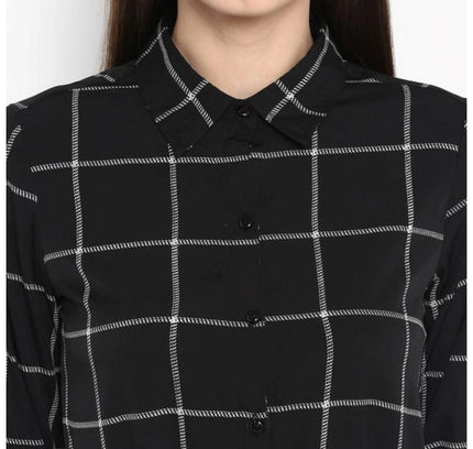 Women's Polyester Checkered Roll Up Sleeve Above Knee Dress (Black - White)