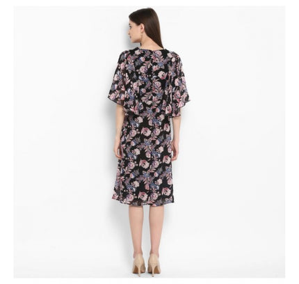 Women's Polyester Floral Short Sleeve Knee-Length Dress (Black - Multicolor)