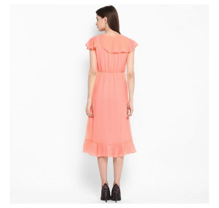 Women's Polyester Ruffled Cap Sleeve Below Knee Dress (Neon Pink)