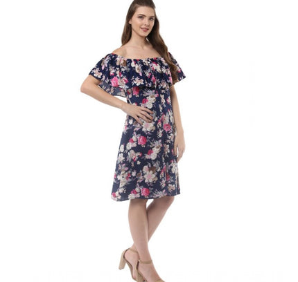 Women's Polyester Crepe Floral Half Sleeve Above Knee Dress (Navy Blue)