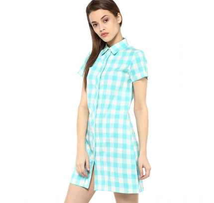 Women's Rayon Checkered Short Sleeve Above Knee Dress (SkuBlue - White)