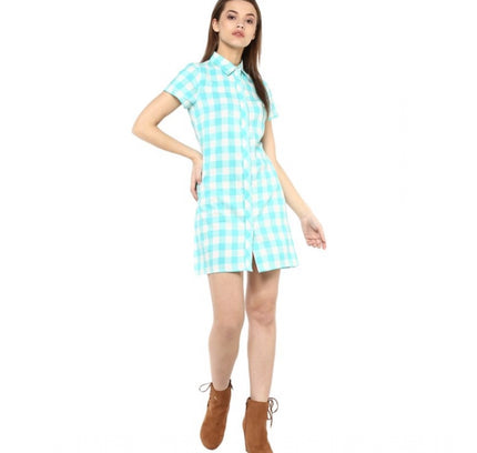 Women's Rayon Checkered Short Sleeve Above Knee Dress (SkuBlue - White)