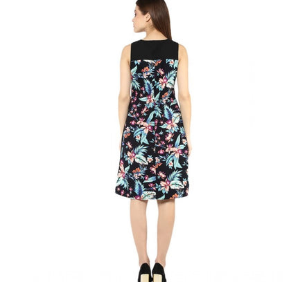 Women's Polyester Printed Sleeveless Above Knee Dress (Black - Multicolor)