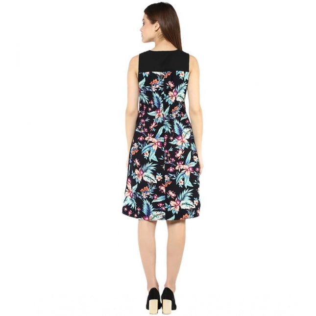 Women's Polyester Printed Sleeveless Above Knee Dress (Black - Multicolor)