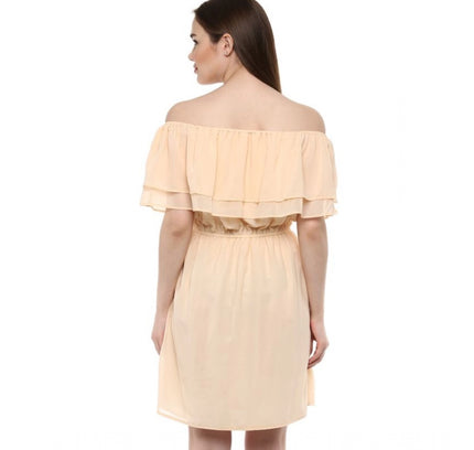 Women's Polyester Solid Sleeveless Knee-Length Dress (Beige)