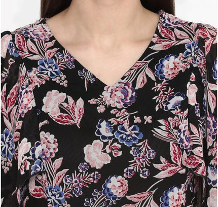 Women's Polyester Floral Short Sleeve Knee-Length Dress (Black - Multicolor)