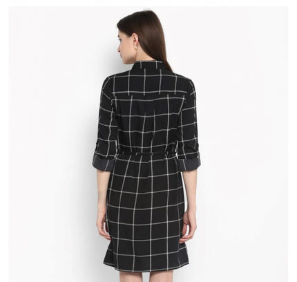 Women's Polyester Checkered Roll Up Sleeve Above Knee Dress (Black - White)