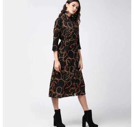 Women's Polyester Chain Print Roll Up Sleeve Below Knee Dress (Black - Yellow)