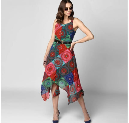 Women's Polyester Asymmetrical Shoulder Straps Knee-Length Dress (Multicolor)