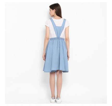 Women's Denim Solid Sleeveless Above Knee Dress (Blue)