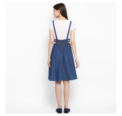 Women's Denim Solid Shoulder Straps Below Knee Dress (Blue)