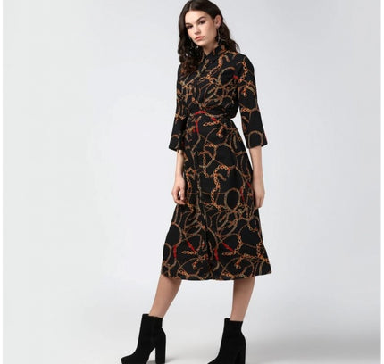 Women's Polyester Chain Print Roll Up Sleeve Below Knee Dress (Black - Yellow)