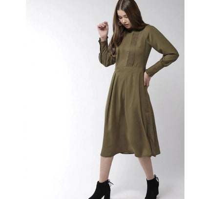Women's Polyester Pintuck Long Sleeves Below Knee Dress (Olive)