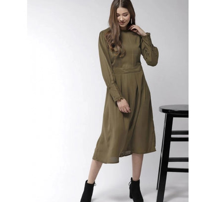 Women's Polyester Pintuck Long Sleeves Below Knee Dress (Olive)