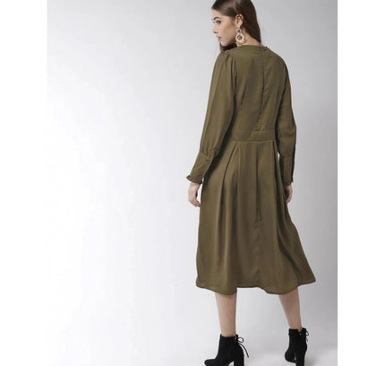 Women's Polyester Pintuck Long Sleeves Below Knee Dress (Olive)