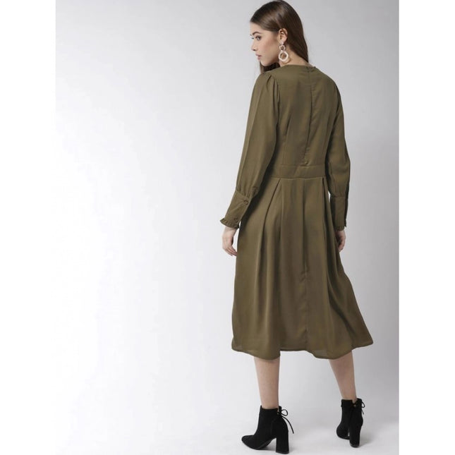 Women's Polyester Pintuck Long Sleeves Below Knee Dress (Olive)