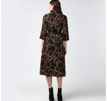 Women's Polyester Chain Print Roll Up Sleeve Below Knee Dress (Black - Yellow)
