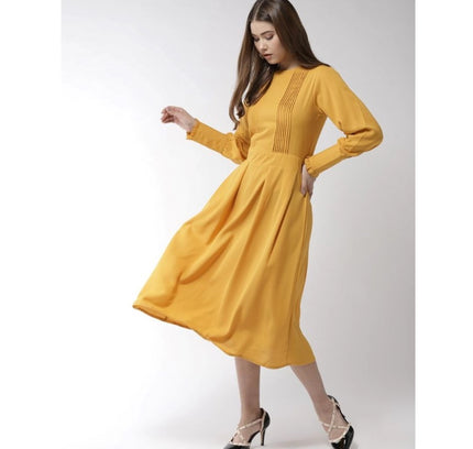 Women's Polyester Pintuck Long Sleeves Below Knee Dress (Yellow)
