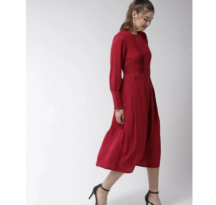 Women's Polyester Pintuck Long Sleeves Below Knee Dress (Red)