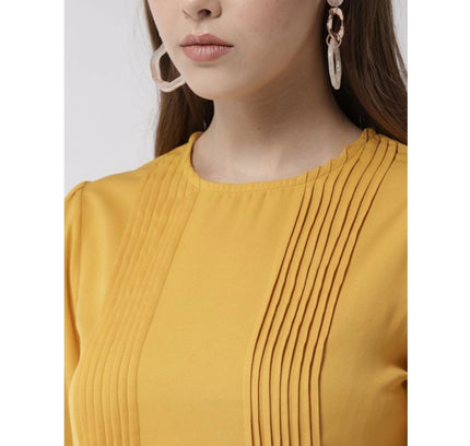 Women's Polyester Pintuck Long Sleeves Below Knee Dress (Yellow)