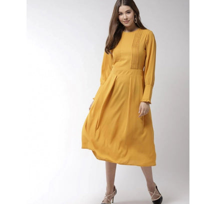 Women's Polyester Pintuck Long Sleeves Below Knee Dress (Yellow)
