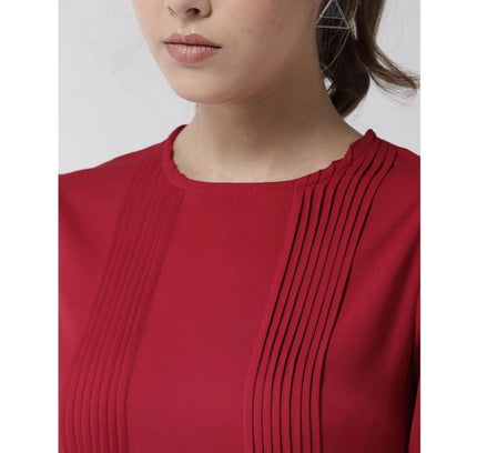 Women's Polyester Pintuck Long Sleeves Below Knee Dress (Red)