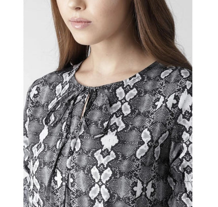 Women's Polyester Animal Print Short Sleeve Knee-Length Dress (Black - White)