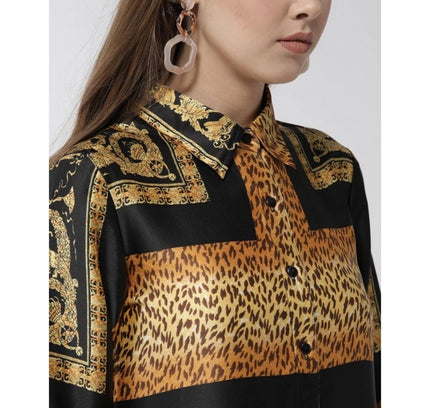 Women's Satin Animal Print 3-4th Sleeves Above Knee Dress (White - Orange)