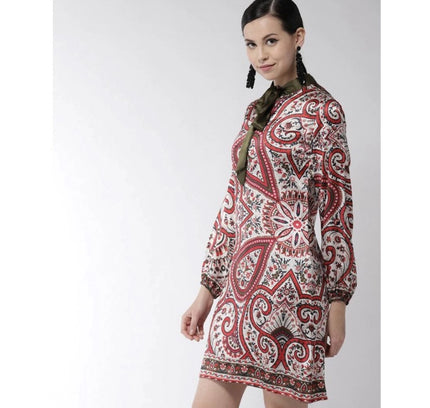 Women's Polyester Printed Long Sleeves Above Knee Dress (Red)