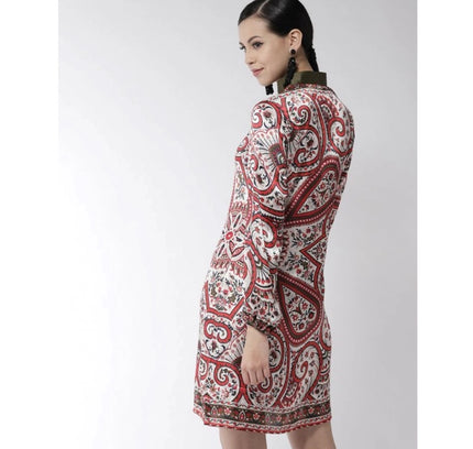Women's Polyester Printed Long Sleeves Above Knee Dress (Red)