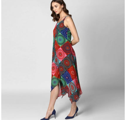 Women's Polyester Asymmetrical Shoulder Straps Knee-Length Dress (Multicolor)