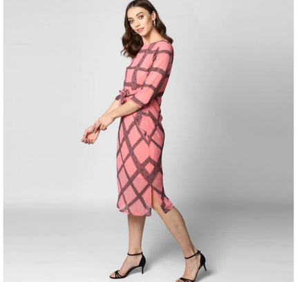 Women's Polyester Checkered 3-4th Sleeves Below Knee Dress (Pink - Black)