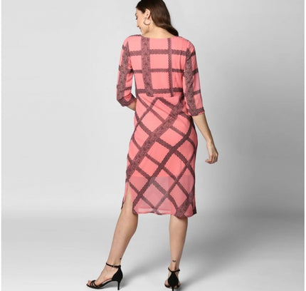 Women's Polyester Checkered 3-4th Sleeves Below Knee Dress (Pink - Black)