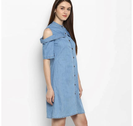 Women's Denim Solid Cold Shoulder Above Knee Dress (Blue)