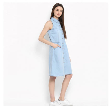 Women's Denim Solid Sleeveless Below Knee Dress (Blue)