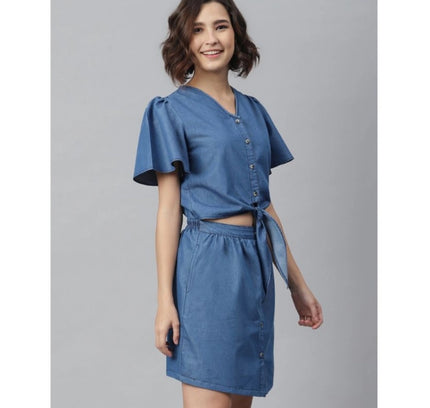 Women's Denim Solid Flutter Above Knee Dress (Blue)