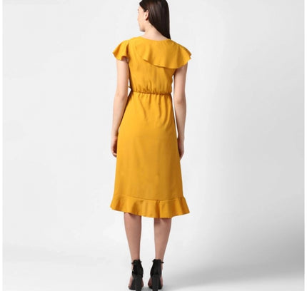 Women's Polyester Ruffled Cap Sleeve Knee-Length Dress (Yellow)