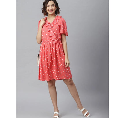 Women's Polyester Polka Flutter Above Knee Dress (Coral)