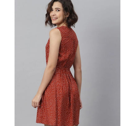 Women's Rayon Polka Sleeveless Above Knee Dress (Rust)